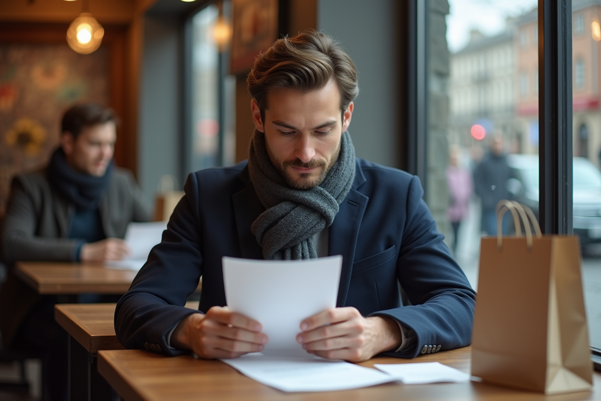 Jeune homme au café après shopping avec sacs et reçus