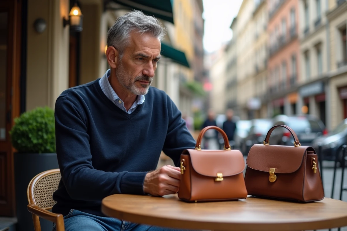 Homme examine sacs en cuir et imitation sur une terrasse de café
