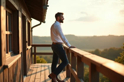 Homme europ&eacute;en debout sur terrasse en campagne avec bottes en cuir