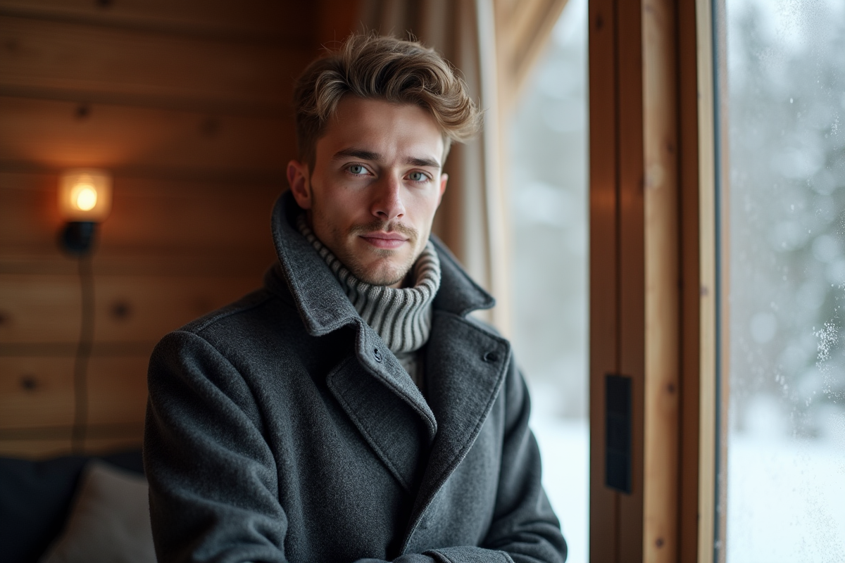 Jeune homme en manteau dans un chalet avec vitre givree