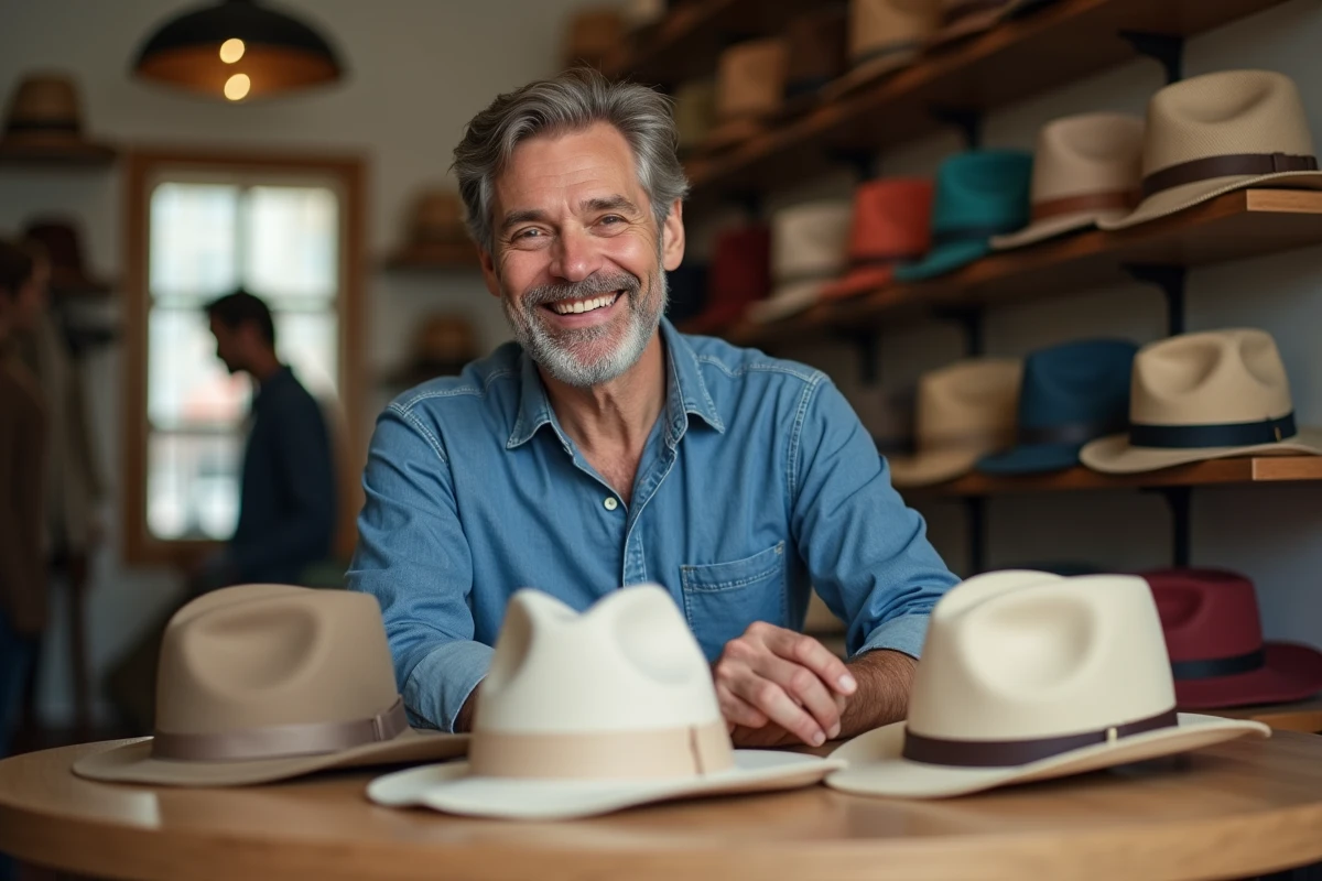 Homme essayant plusieurs chapeaux dans une boutique lumineuse