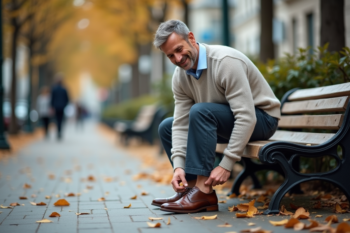 Homme ajustant sa chaussure dans une rue urbaine
