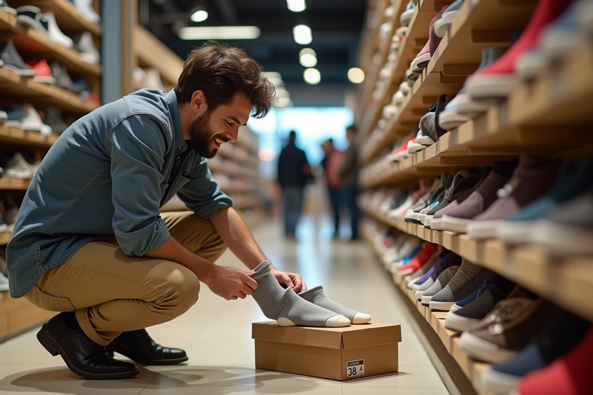 Homme dans un magasin de chaussures vérifiant la taille des chaussettes