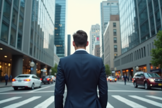 Homme en costume dans une rue animée de la ville