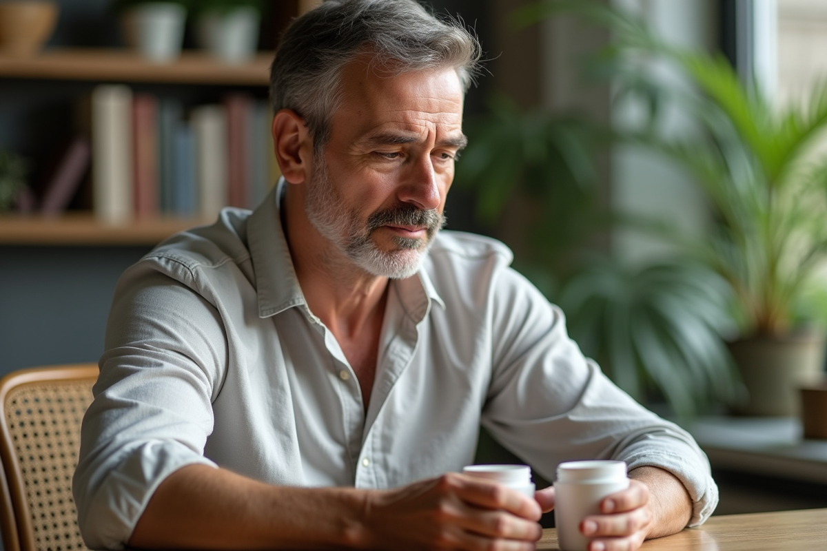 Homme examinant crèmes visage dans un bureau lumineux