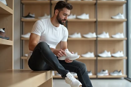 Homme essayant des chaussures Adidas blanches dans une boutique de sport minimaliste pour trouver la bonne taille