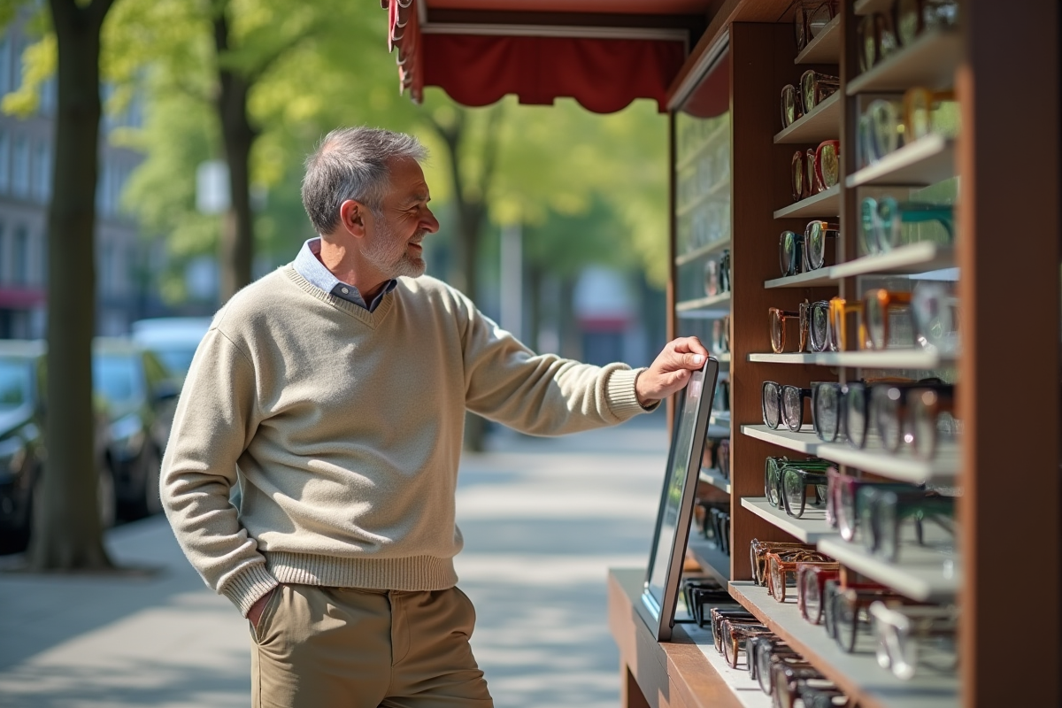 Homme essayant lunettes colorées en plein air