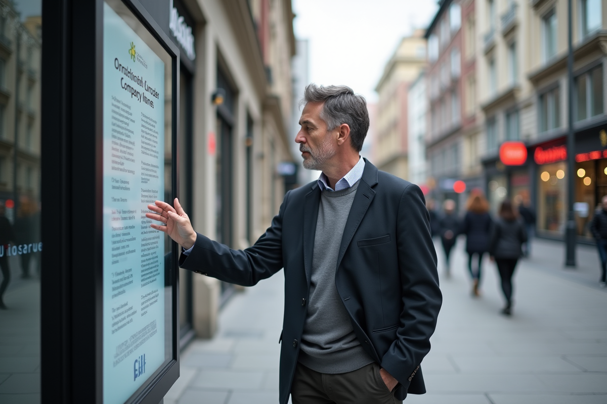 Homme lisant une affiche sur l origine des noms d entreprises
