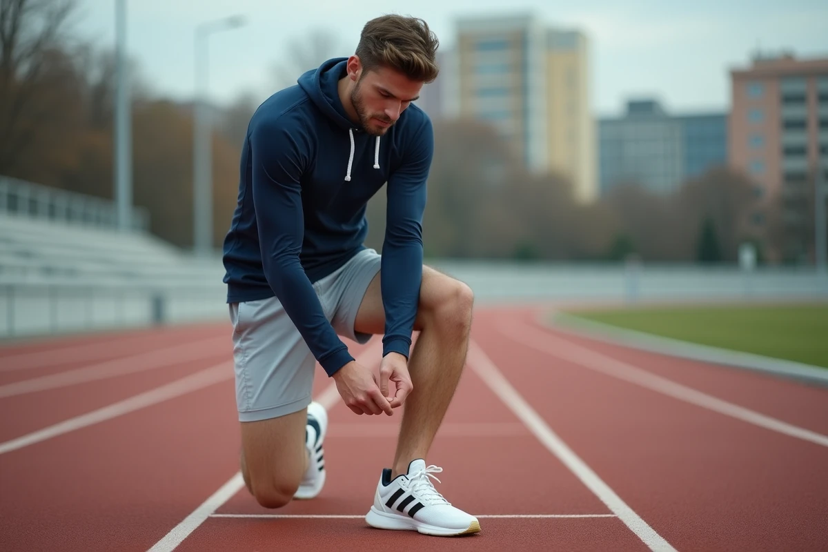 Homme ajustant les lacets de ses chaussures Adidas running sur une piste d'athlétisme urbaine