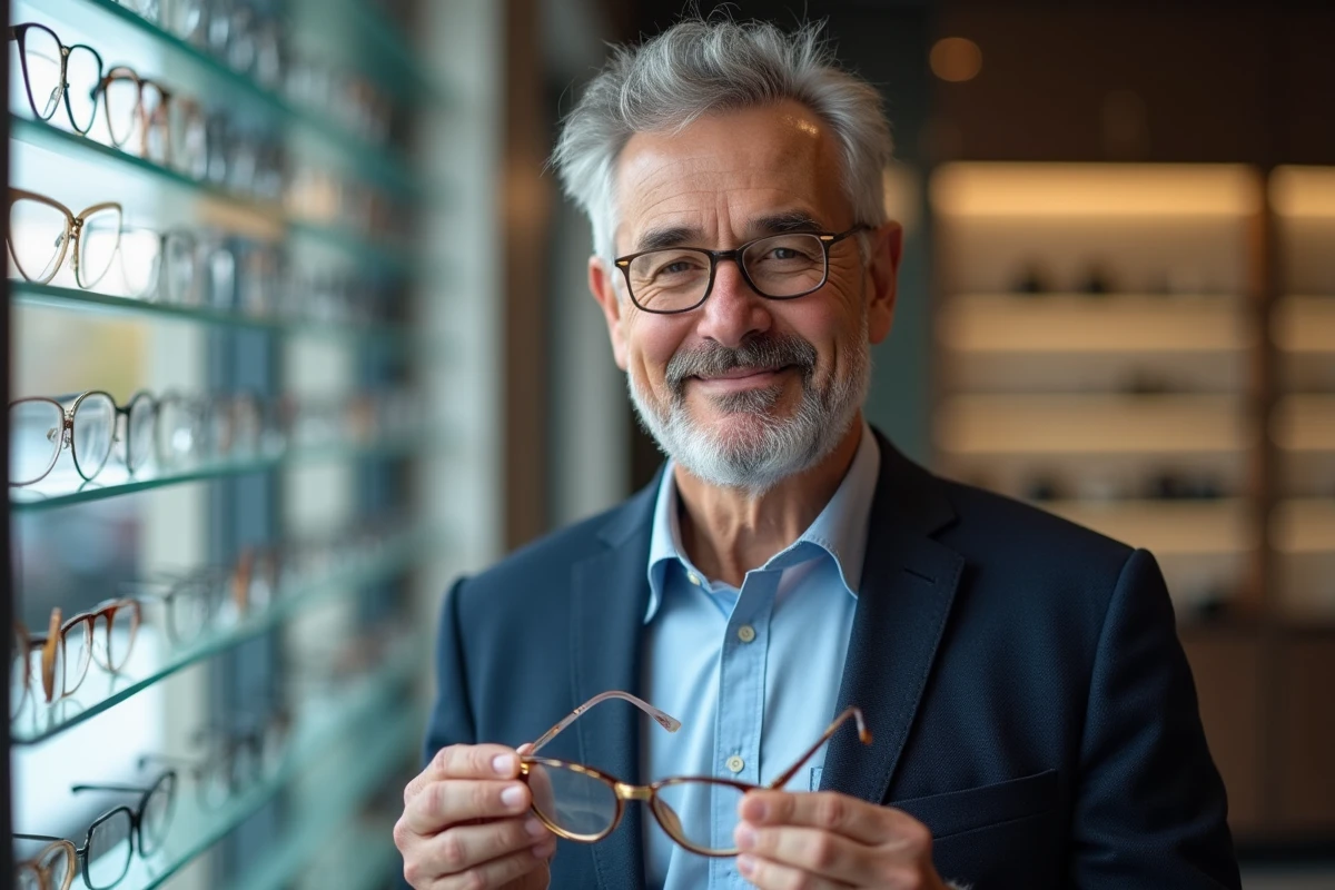 Homme &acirc;g&eacute; tenant des lunettes dans une boutique optique moderne