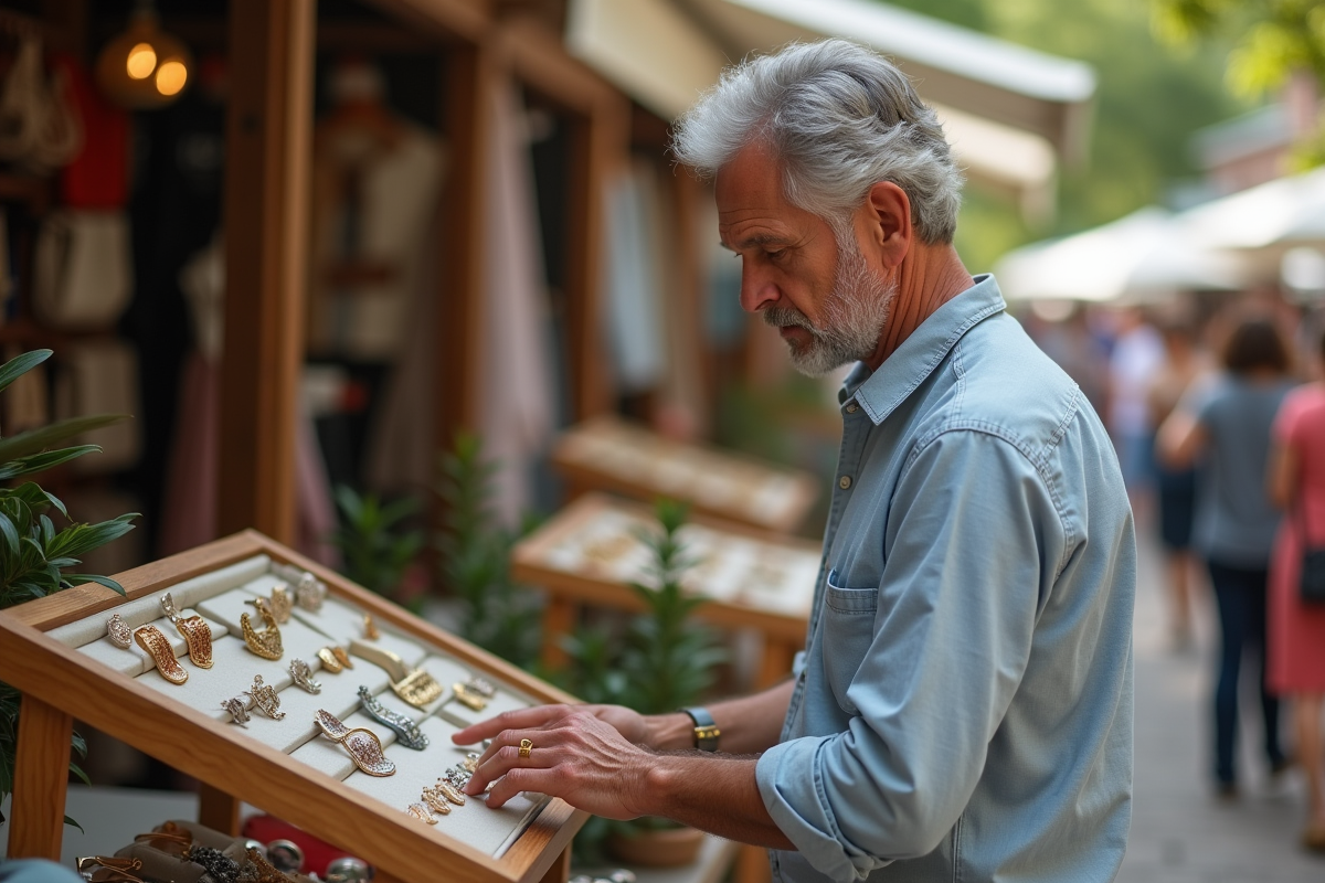 Homme examine bijoux artisanaux dans un marché en plein air