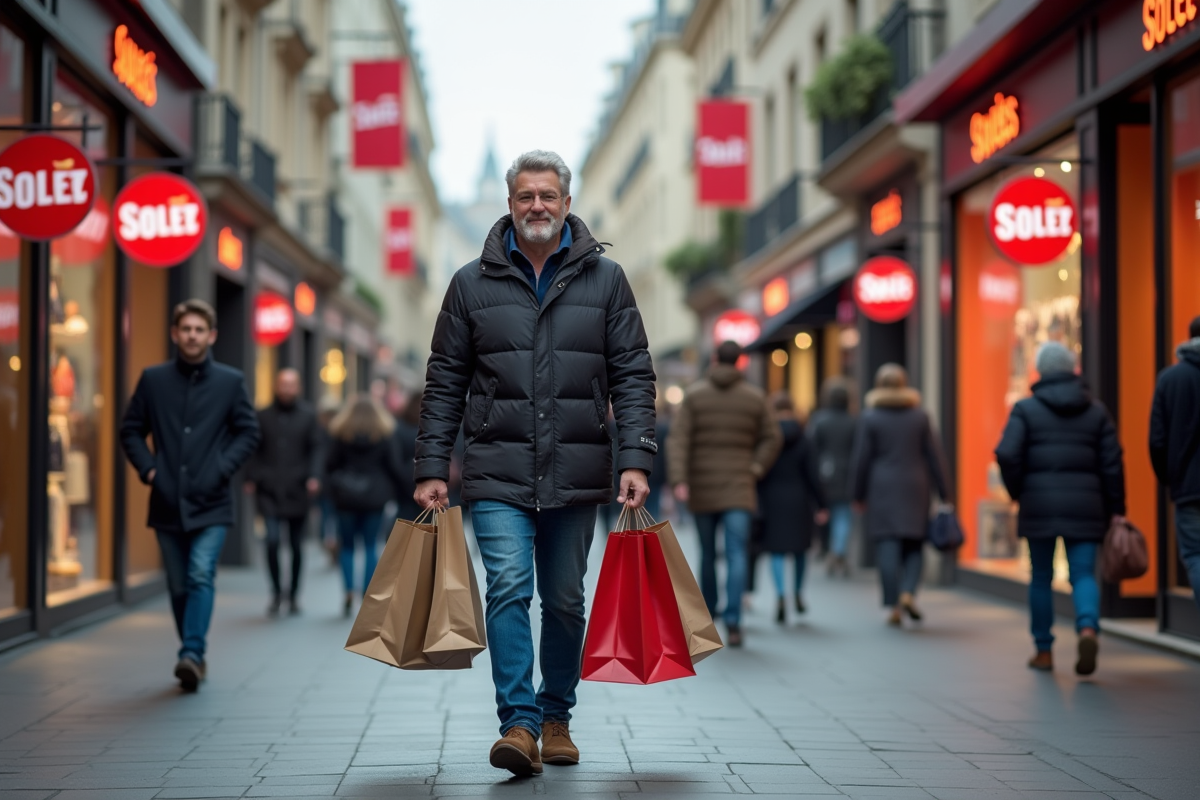 Homme avec sacs de shopping marche dans une rue commerçante en soldes