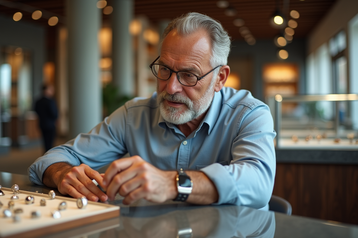 Homme âgé mesure son doigt avec un anneau de taille en bijouterie