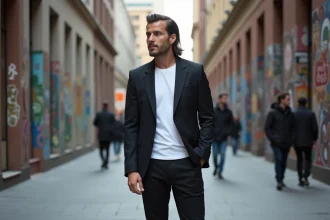 Homme en blazer moderne et coupe mullet dans la ville