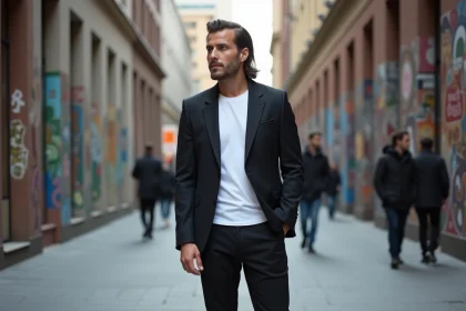 Homme en blazer moderne et coupe mullet dans la ville