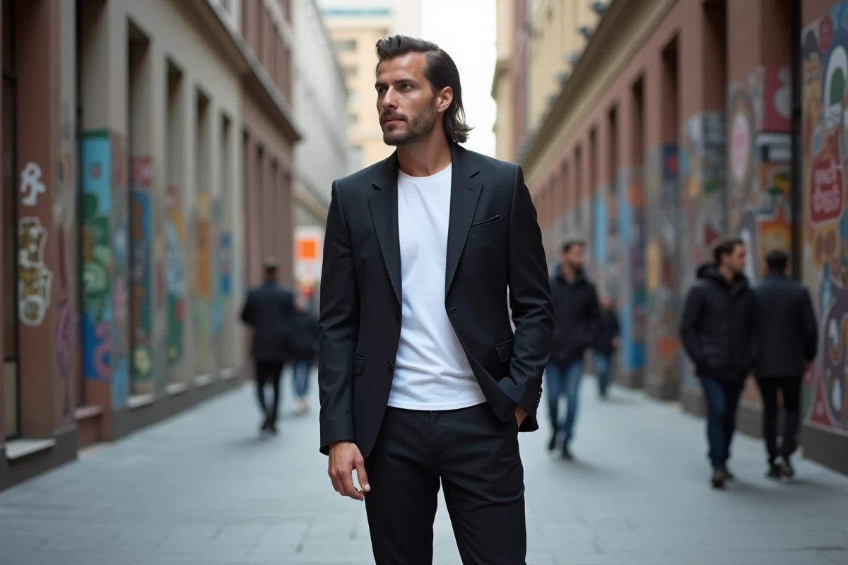 Homme en blazer moderne et coupe mullet dans la ville