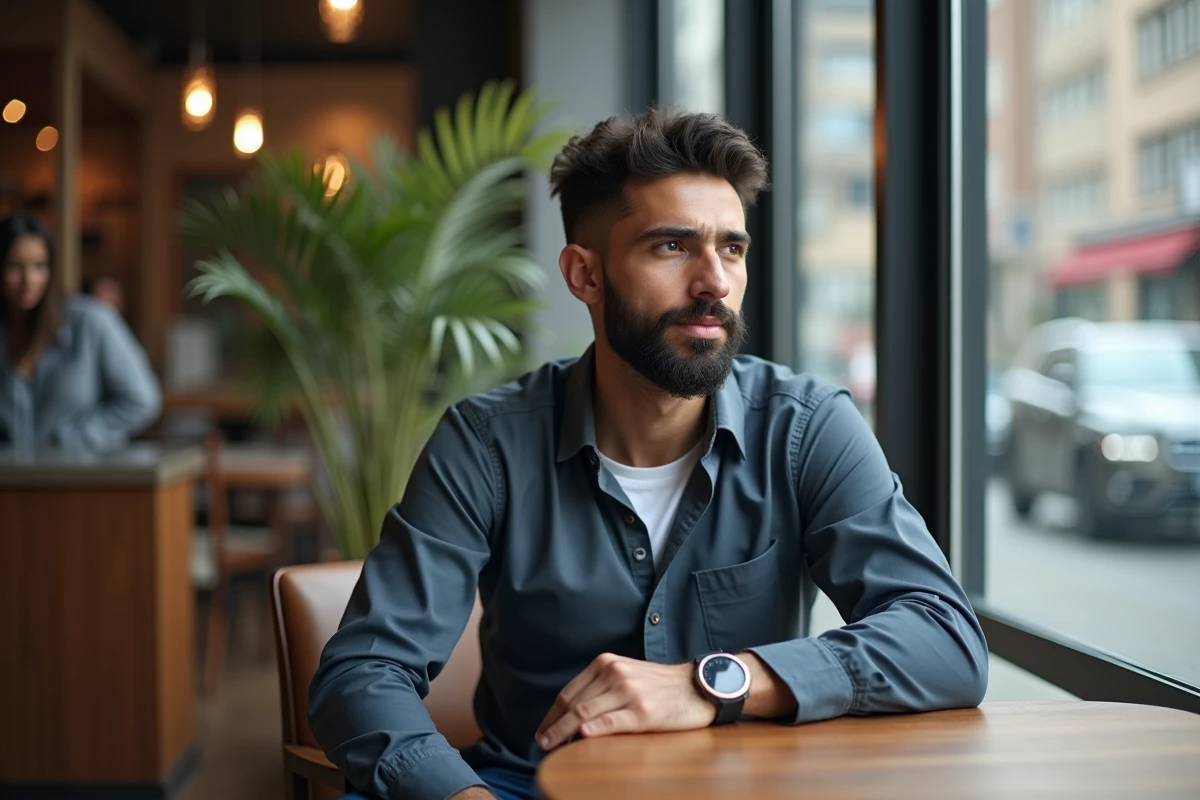 Musulman barbu assis dans un café moderne regardant par la fenêtre