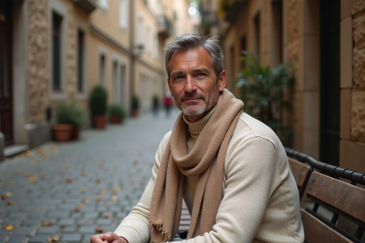 Homme portant un pashmina en extérieur en automne, matière légère et douce pour l'hiver
