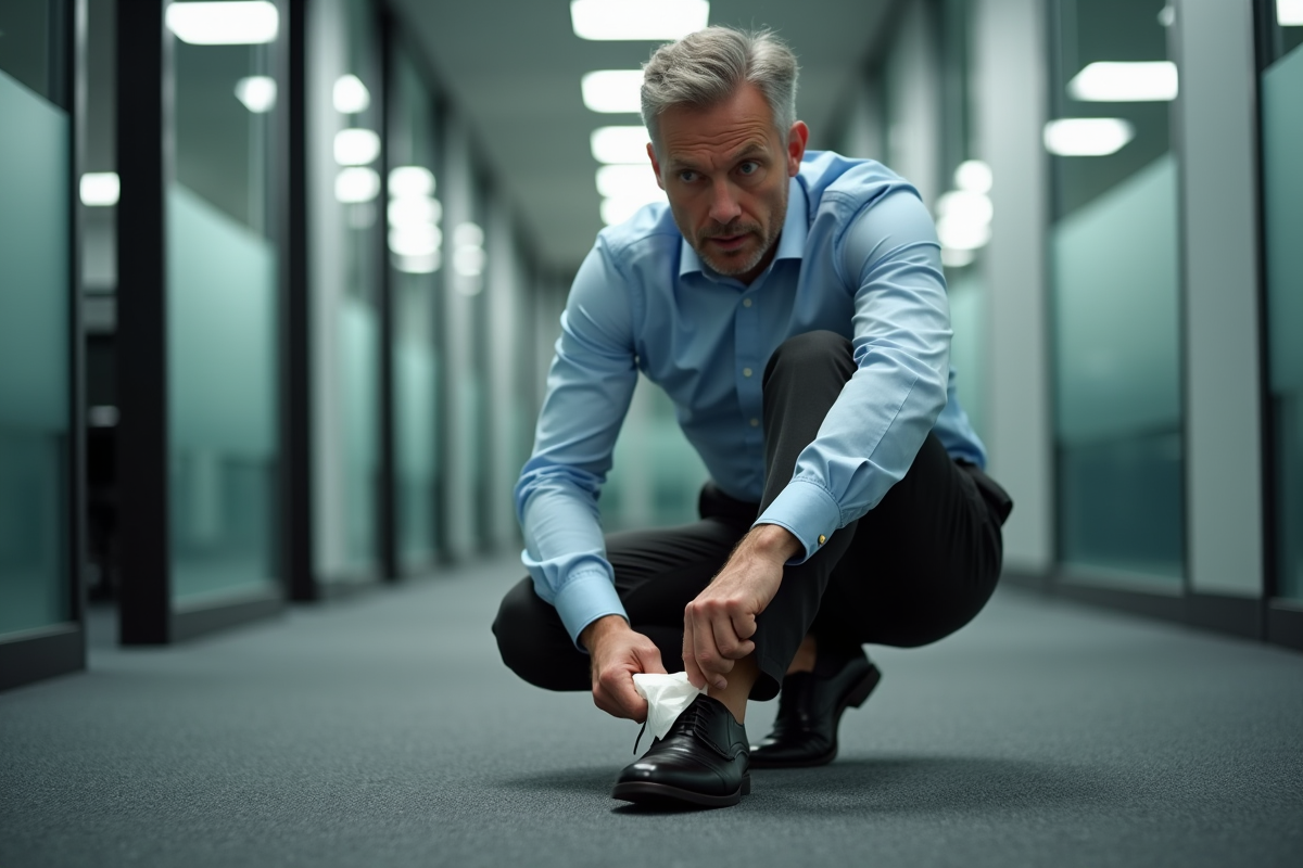 Homme montrant comment rembourrer ses chaussures au bureau