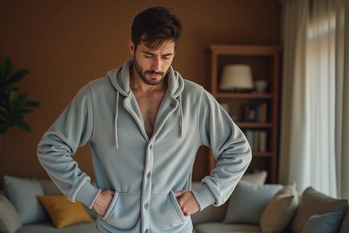 Homme en pyjama grenouillère grise trop petite examinant la coupe aux épaules dans un salon cosy