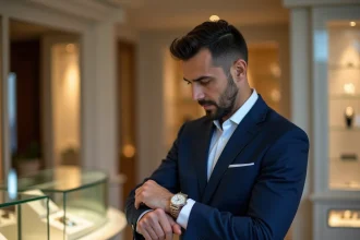Homme en costume marine admirant une Rolex Datejust 36 dans une boutique horlogerie de luxe