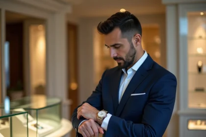 Homme en costume marine admirant une Rolex Datejust 36 dans une boutique horlogerie de luxe