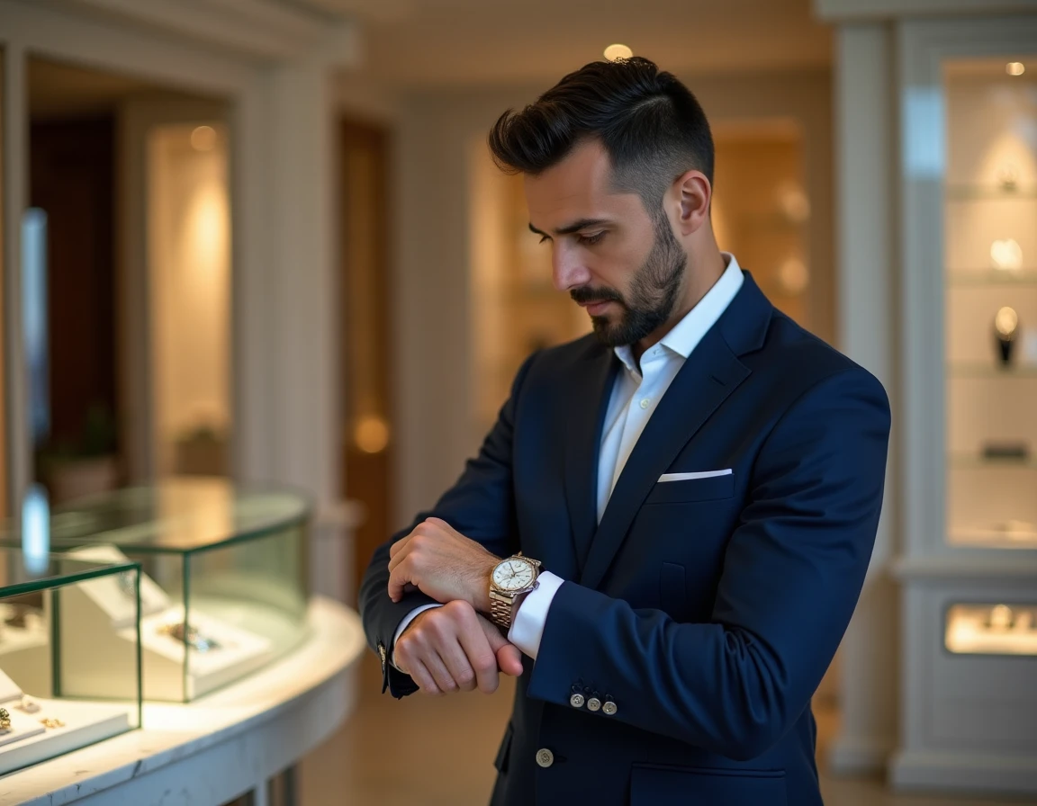 Homme en costume marine admirant une Rolex Datejust 36 dans une boutique horlogerie de luxe