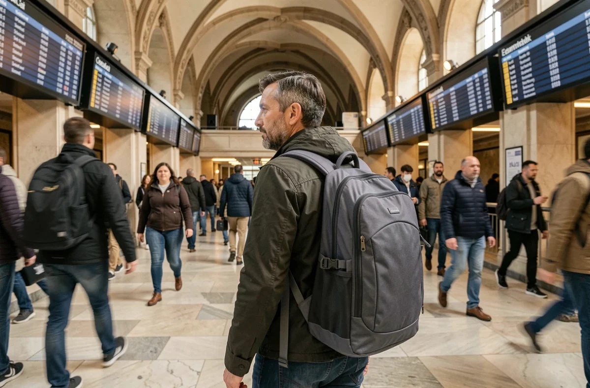 Homme traversant une gare bondée avec un sac à dos antivol discret à fermeture dorsale cachée