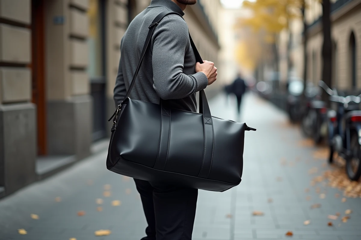 Homme portant un sac de sport en cuir noir structuré en marchant dans une rue urbaine, illustrant la praticité et le style d'un modèle durable