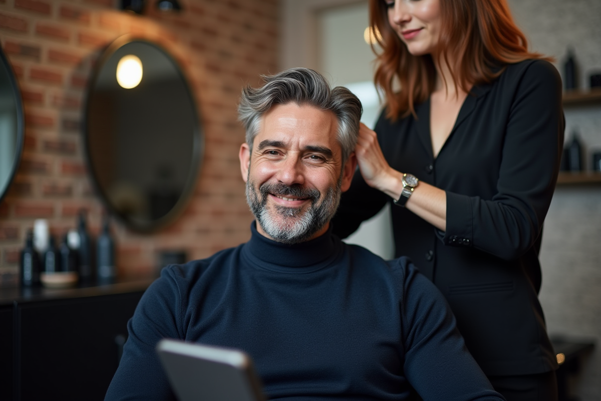 Homme avec barbe et styliste dans salon moderne