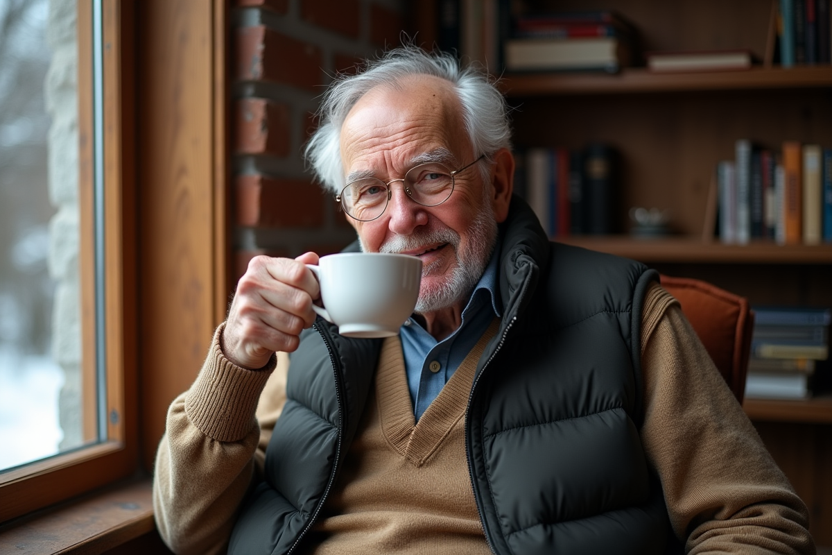 Homme âgé buvant du thé près d