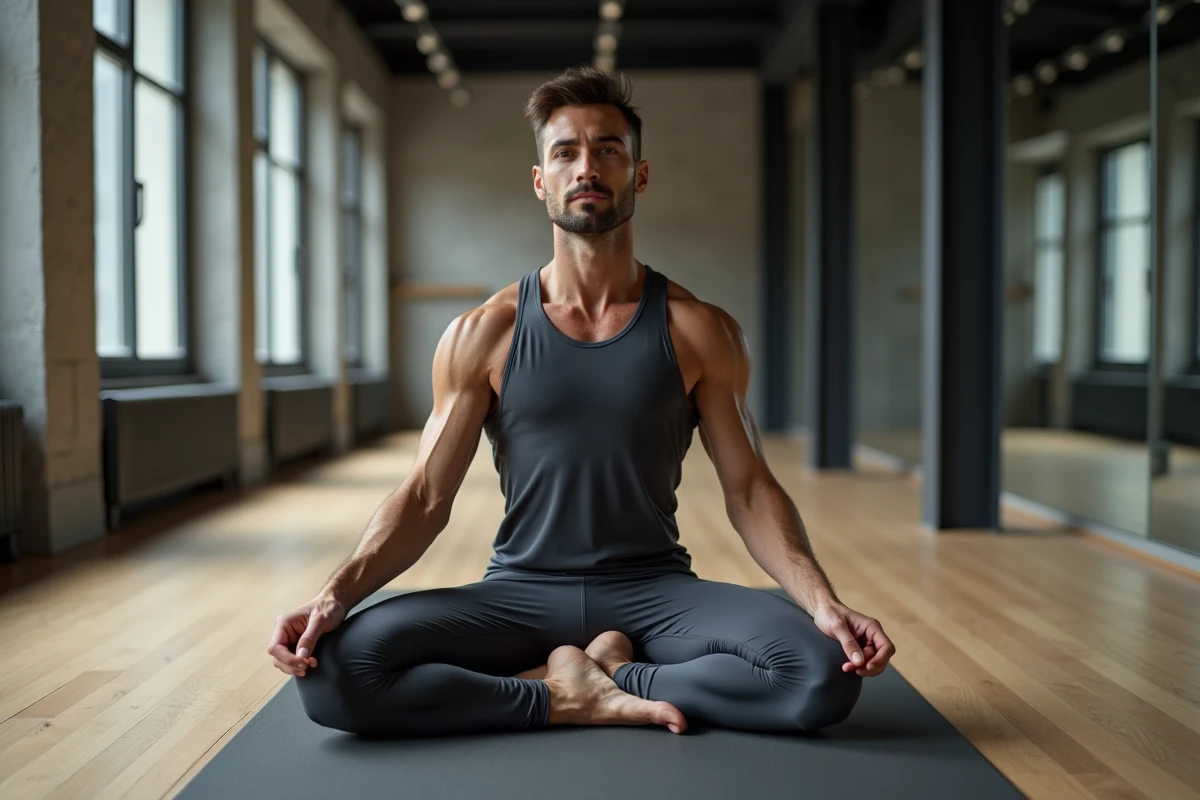 Homme en tenue spandex grise réalisant des étirements sur un tapis de yoga dans une salle de sport moderne, mettant en valeur le confort du tissu