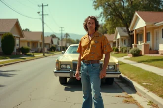 Homme habillé en style années 70 avec chemise à col pelle à tarte et jean patte d'eph devant une voiture américaine vintage