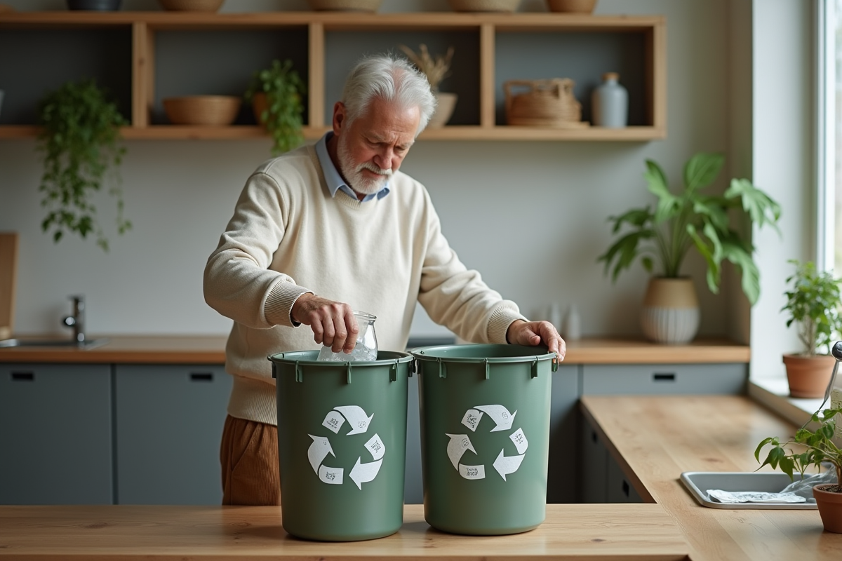 Homme âgé triant ses déchets dans la cuisine moderne
