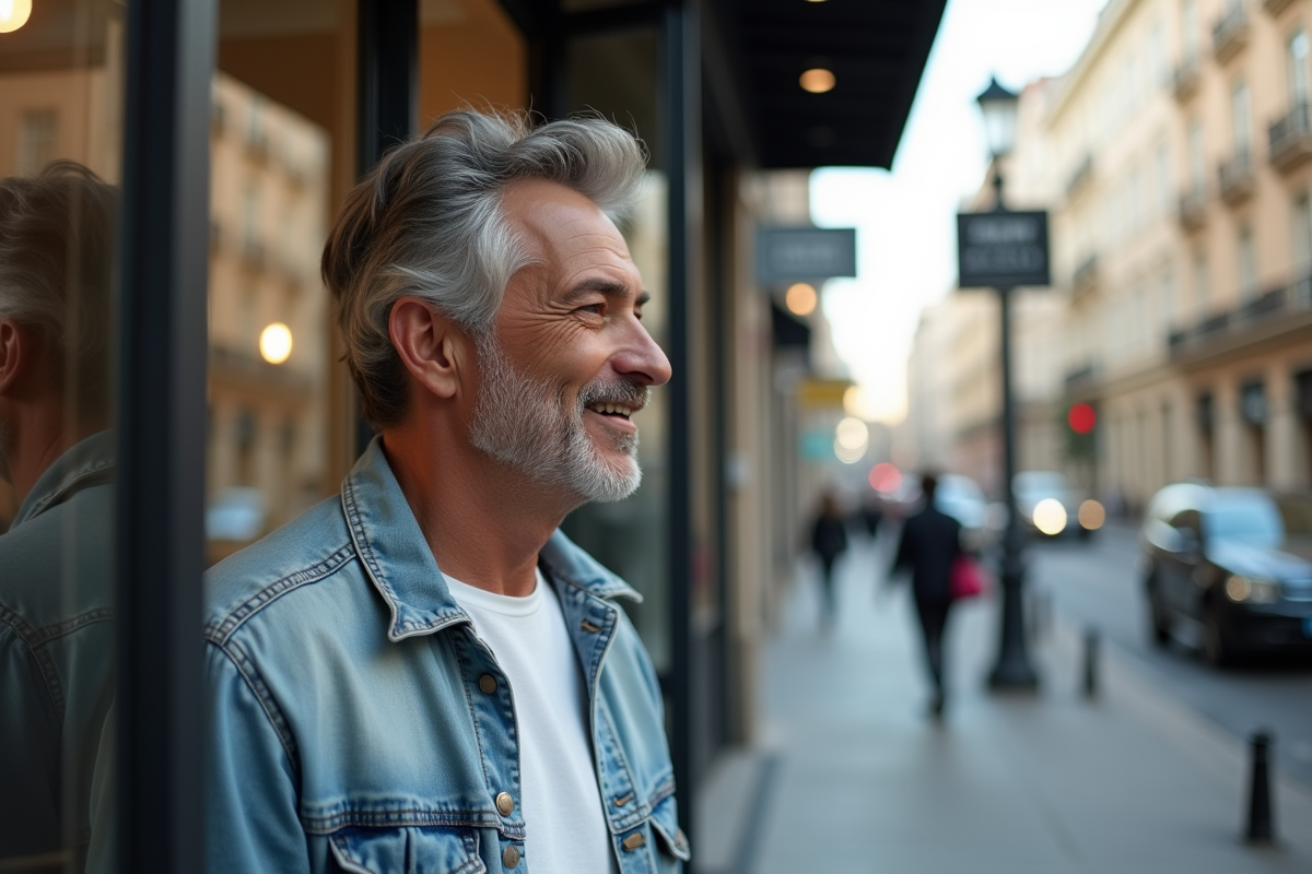 Homme regardant sa coupe dans la vitrine d’un salon urbain