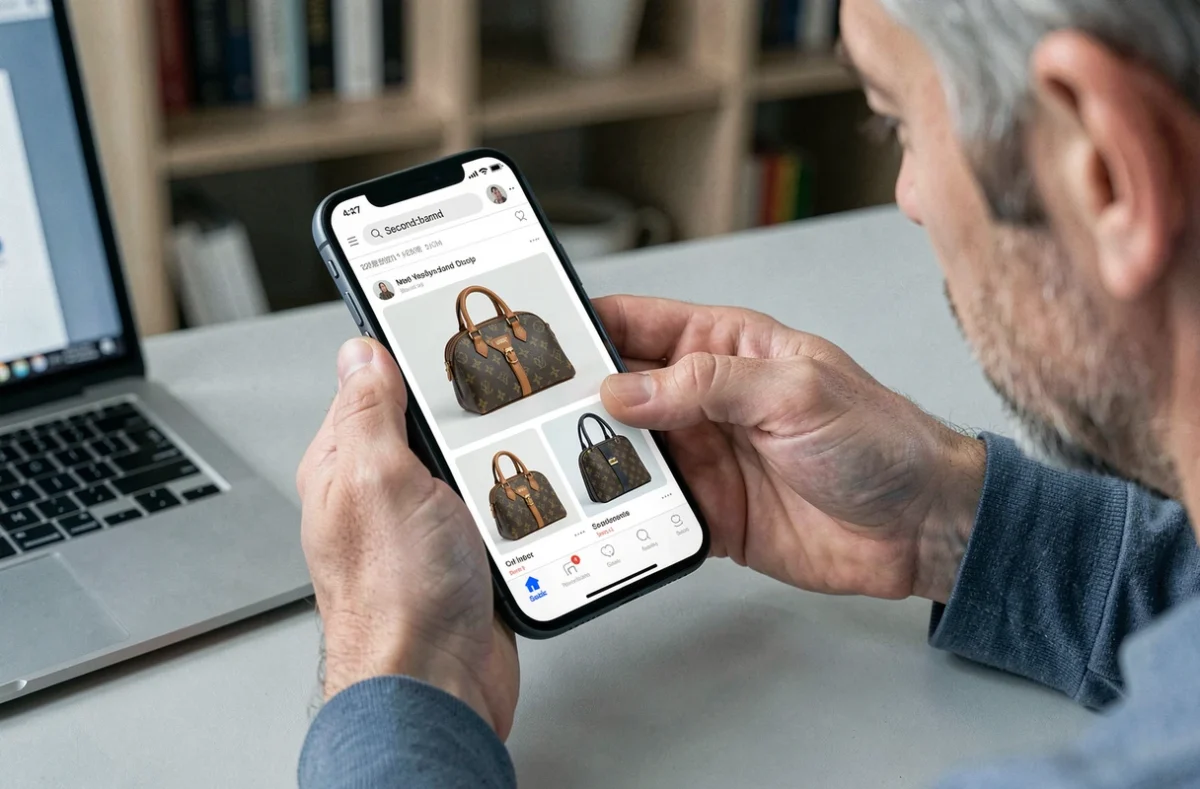 Homme vérifiant une annonce suspecte de sac Louis Vuitton sur une application de revente en ligne sur son smartphone