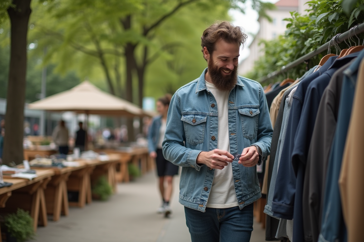 Homme examine une étiquette sur une veste écologique au marché
