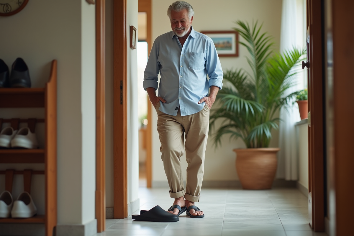 Homme âgé inspectant ses sandales ergonomiques à la maison