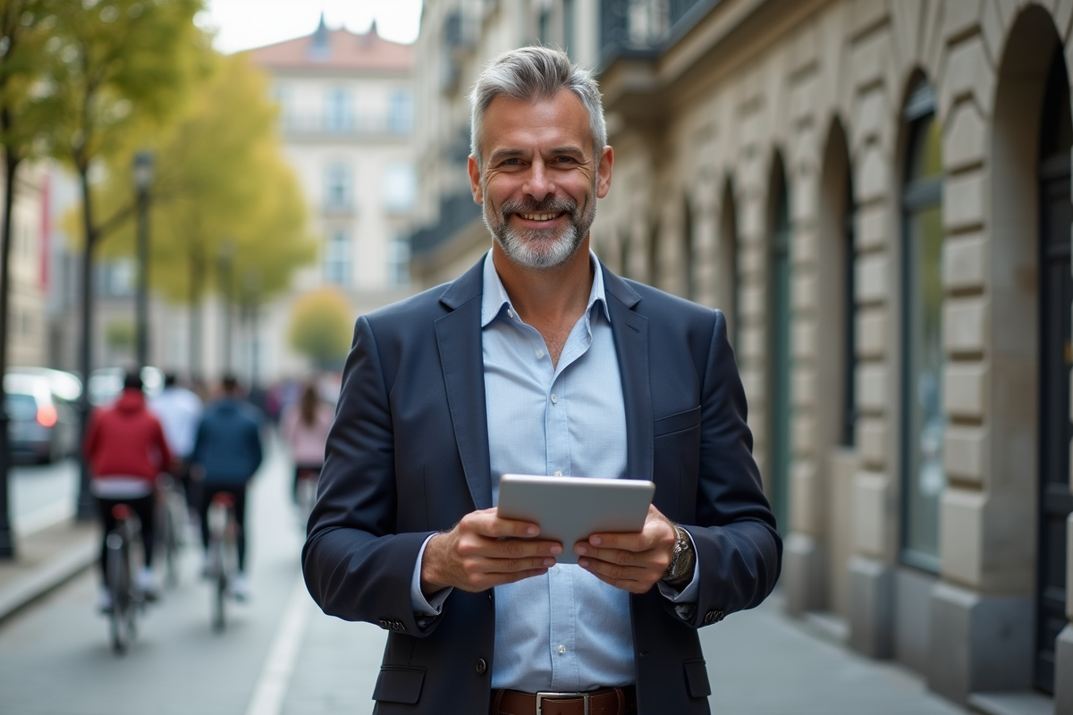 Homme souriant avec tablette dans une rue urbaine