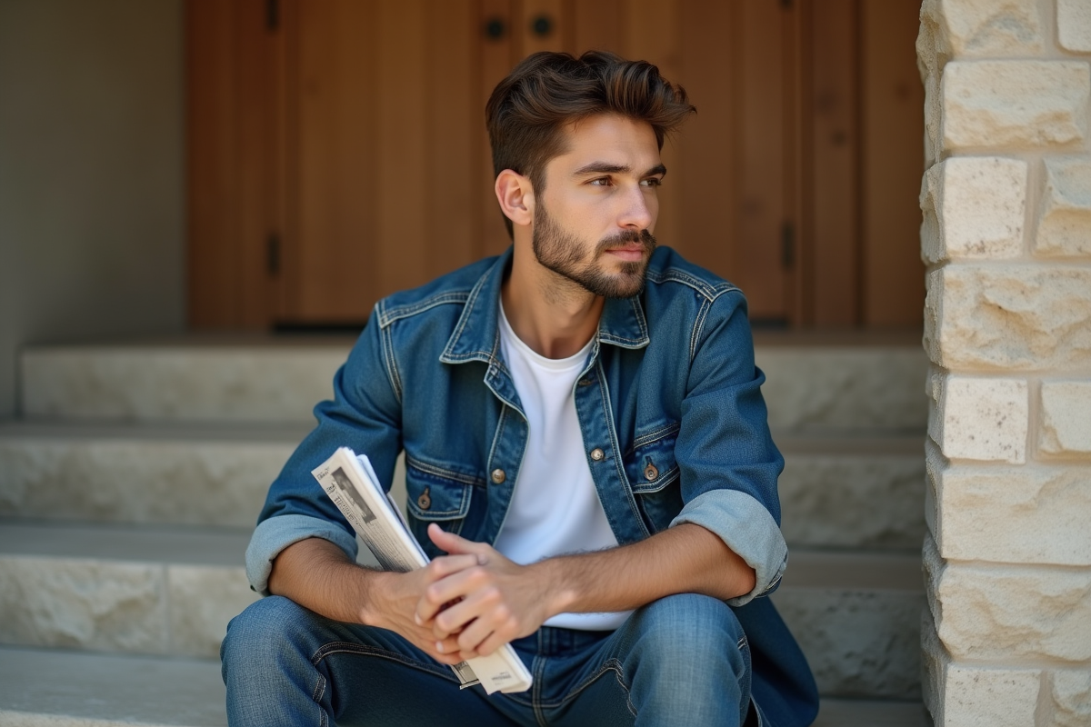 Homme en jeans tapered assis dans espace intérieur minimaliste