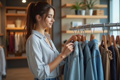 Jeune femme dans une boutique de vêtements en shopping