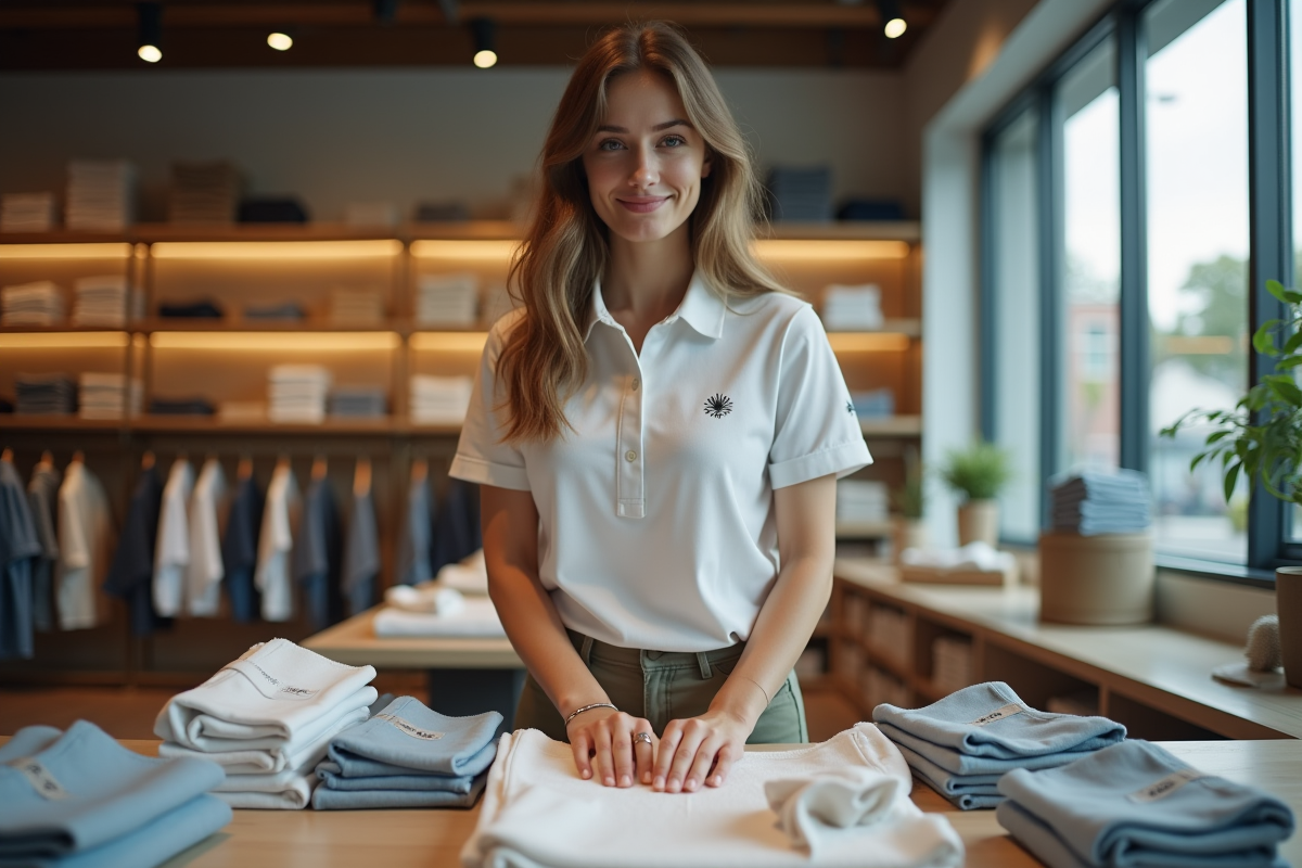 Jeune femme pliant des vêtements dans une boutique moderne