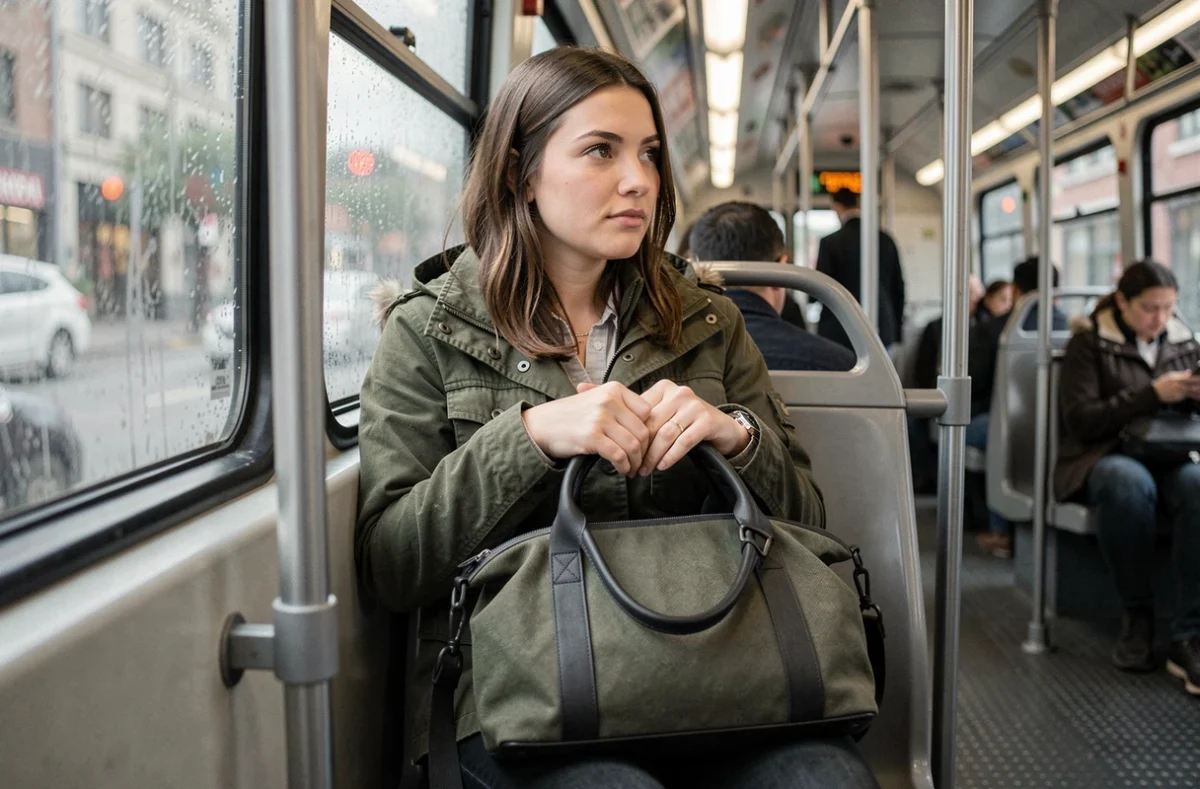 Jeune femme assise dans un bus avec un sac cabas antivol posé sur ses genoux, regardant par la fenêtre