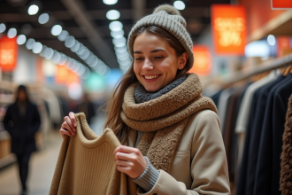 Jeune femme souriante examine un pull en soldes en magasin
