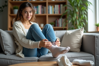 Jeune femme en salon cosy en train d'enfiler des chaussettes taille 38
