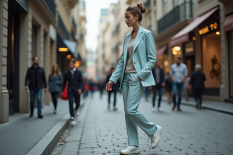 Jeune femme en tailleur pastel dans une rue urbaine