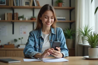 Jeune femme en bureau moderne essayant lunettes AR