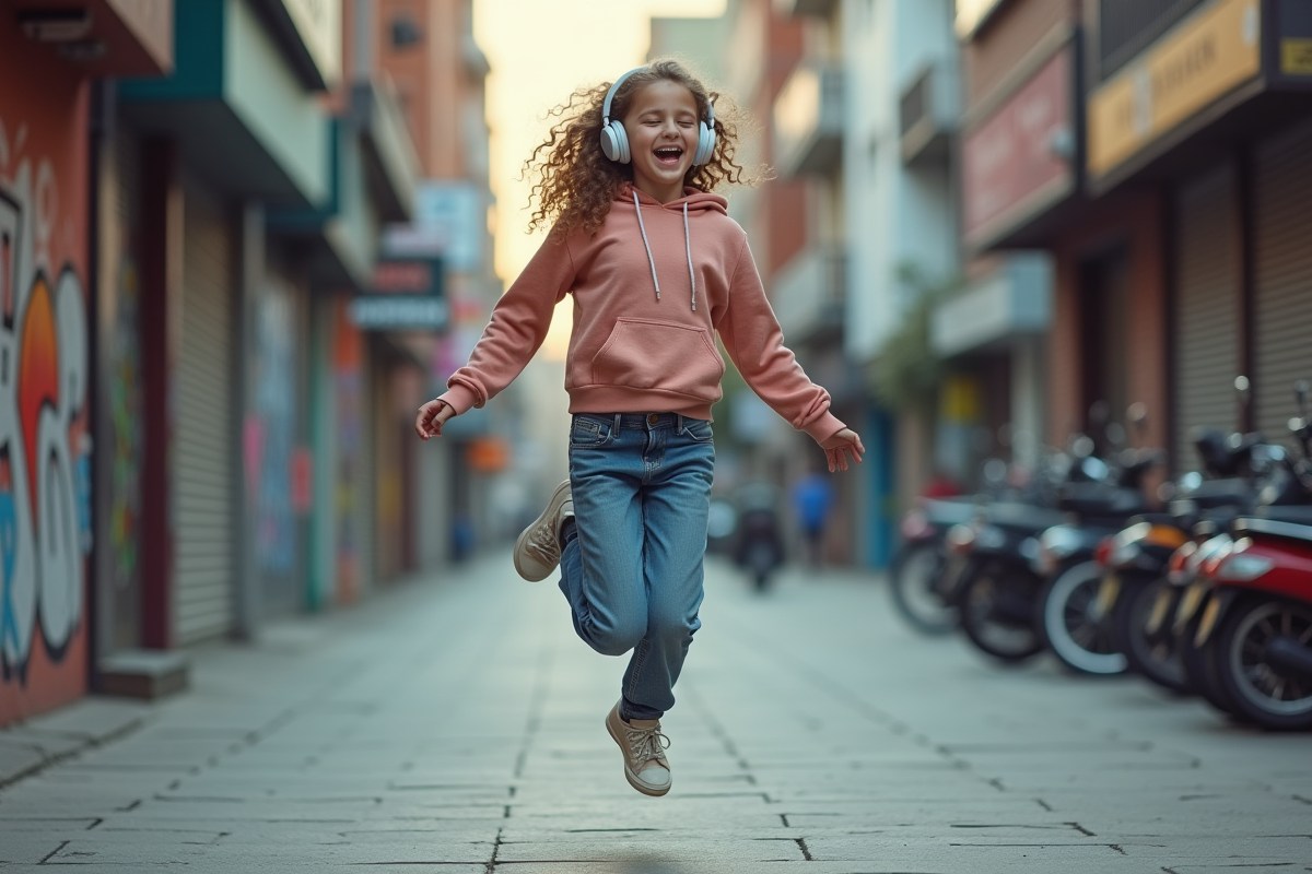 Jeune fille avec casque chantant dans la rue urbaine