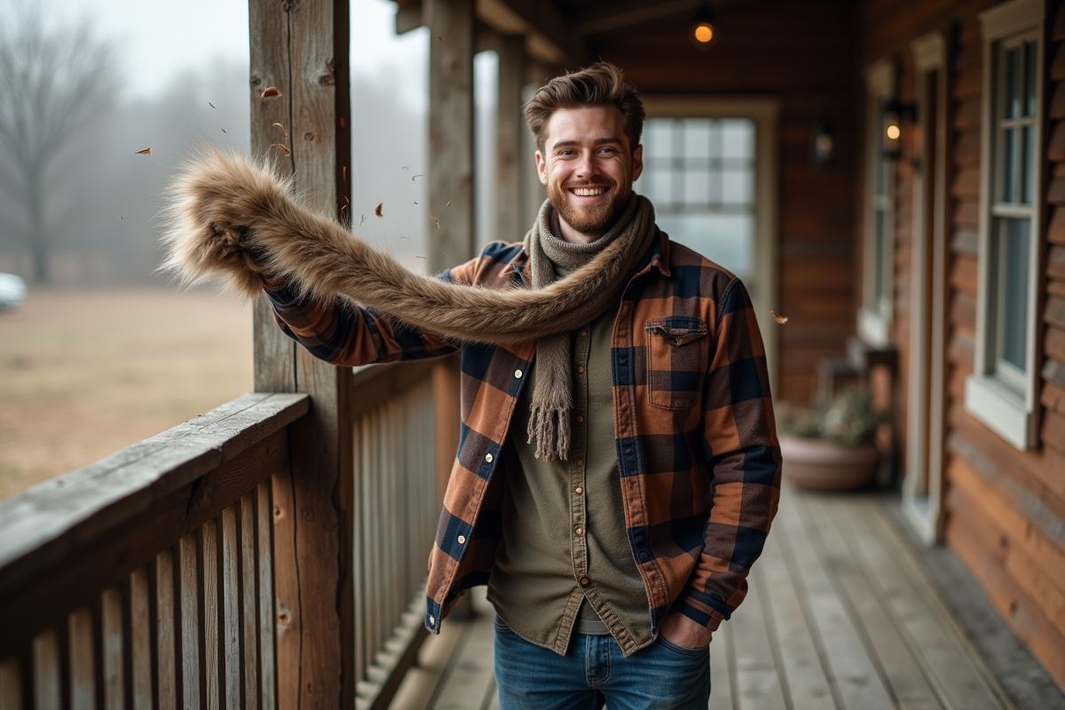 Jeune homme secouant une écharpe en fourrure en extérieur