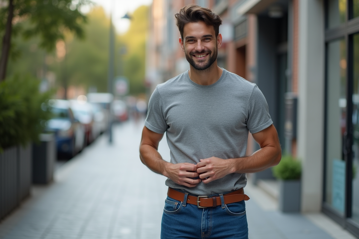Jeune homme ajustant sa ceinture en extérieur